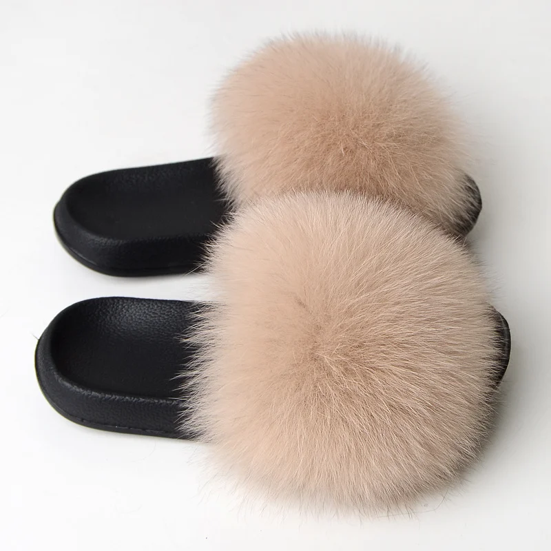 Real Fox Fur Slippers Women Fur Slides Indoor House Woman Flip Flops Beach Shoes Summer Woman Sandals PVC Sole