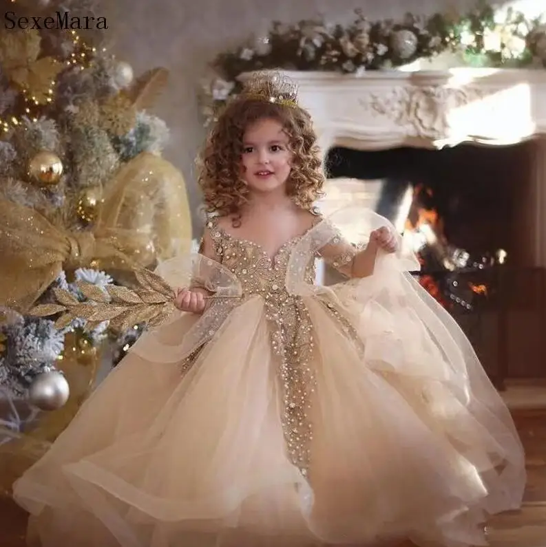 

Adorable Ball Gown Toddler Girls Pageant Dresses Lace Appliqued Long Sleeves Flower Girl Dress Crystals Tulle Party Gowns