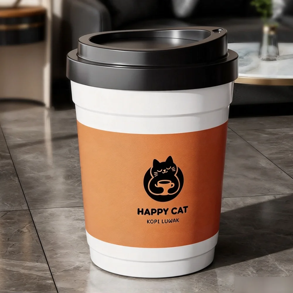 Coffee Cup Shaped Trash Can, Plastic Flip Cover Storage Bin, Cute Cat Pattern Decoration Trash Can, Aesthetic Room Soft Decorati
