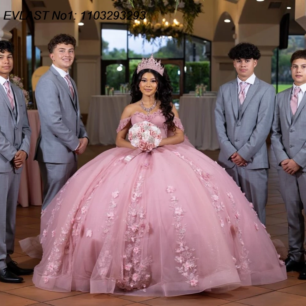 EVLAST Maßgeschneidertes glitzerndes rosa Quinceanera-Kleid, Ballkleid, Blumenapplikation, Kristallperlen, Sweet 16, Vestidos de 15 Anos E1QN822