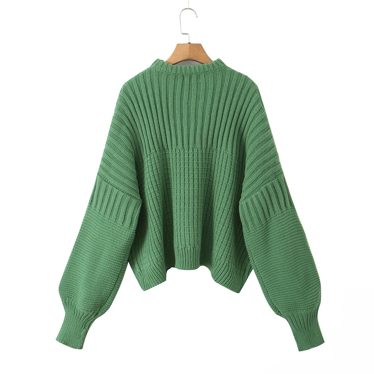 2024 Autumn Green Rib Knitted Full Sleeve Pullover Sweater O neck Loose Jumper Knitwear Yellow