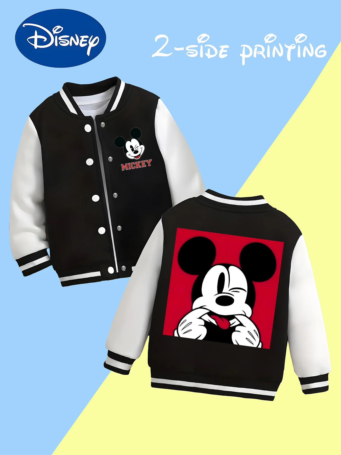 

MINISO Disney Classic Character Boys' Baseball Jacket - Mickey Mouse Family Print Double-Sided Soft Everyday Fashion