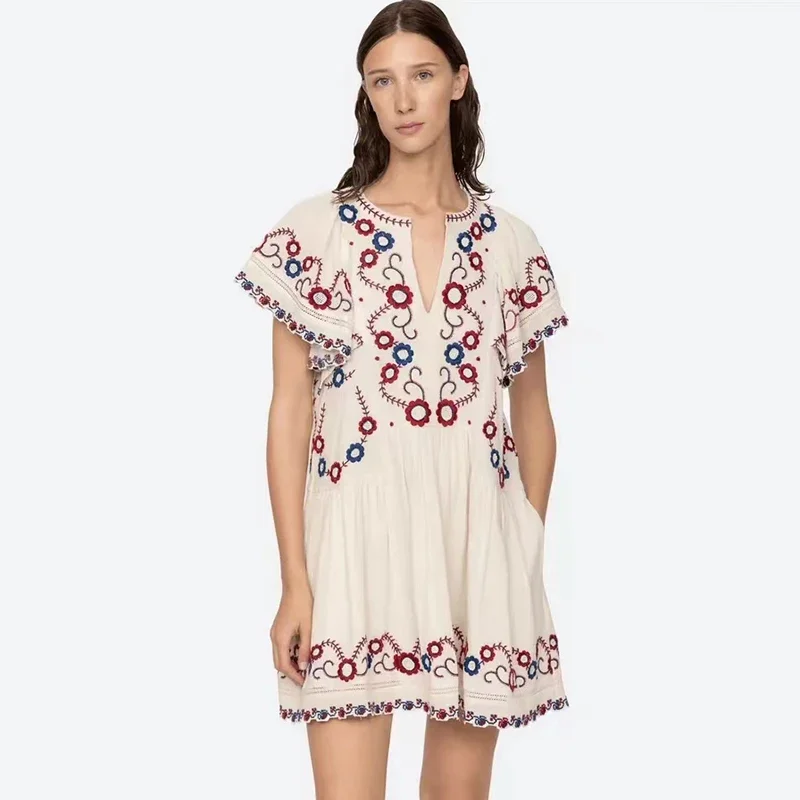 

Women Trimmed Embroidered Contrast Color Floral Pleated Cotton Gauze Mini Dress/Same Style Shirt 2024 Early Autumn