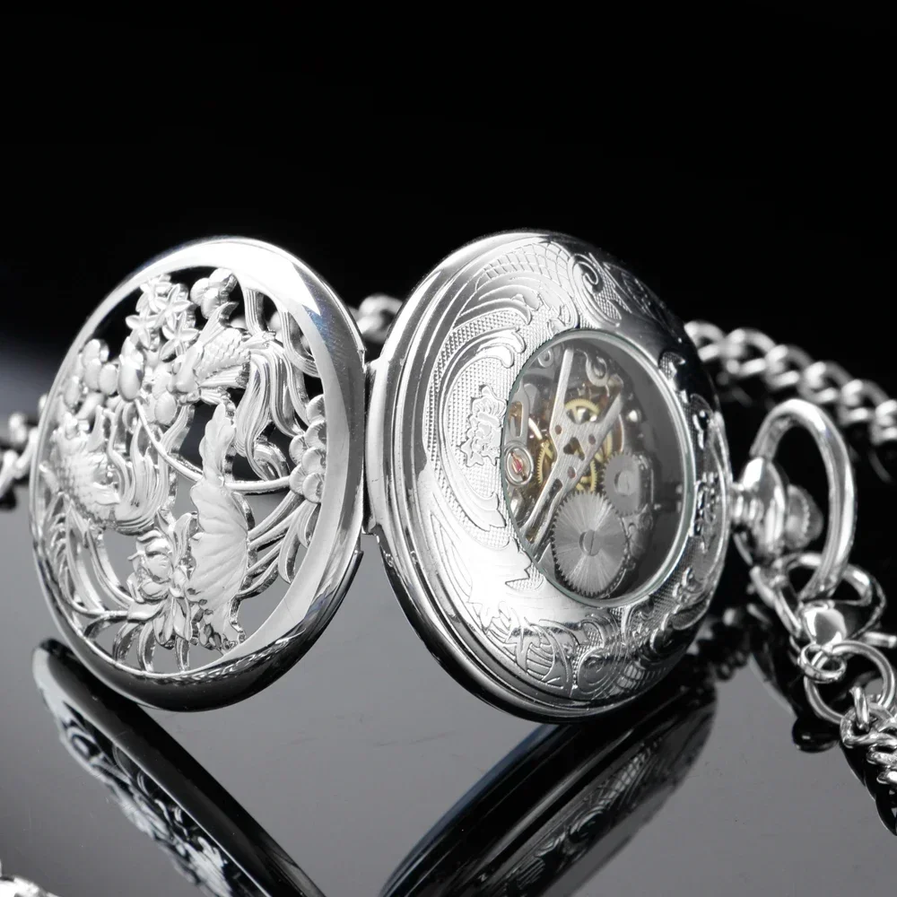 Silver Hollow Fish Design Vintgae Manual Mechanical Pocket Watch Blue Romen Numerals Watch Face Pendant Necklace Clock Man Women