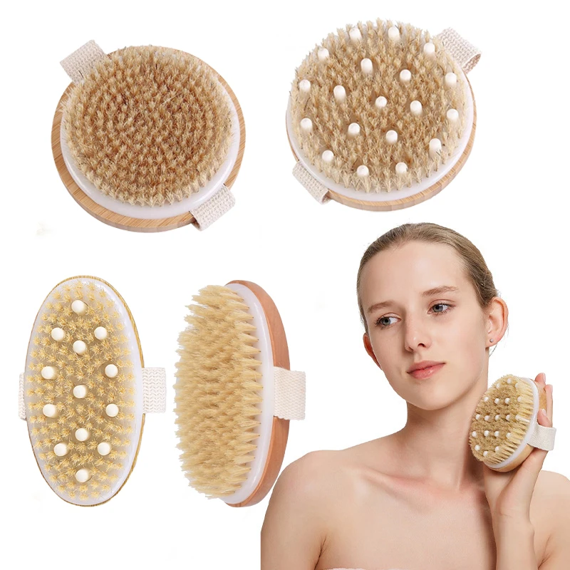 2 In 1 Dry Skin Body Massage Brush Natural Bristle Dead Skin Remover Anti Cellulite Exfoliates Blood Circulation Massage Tools