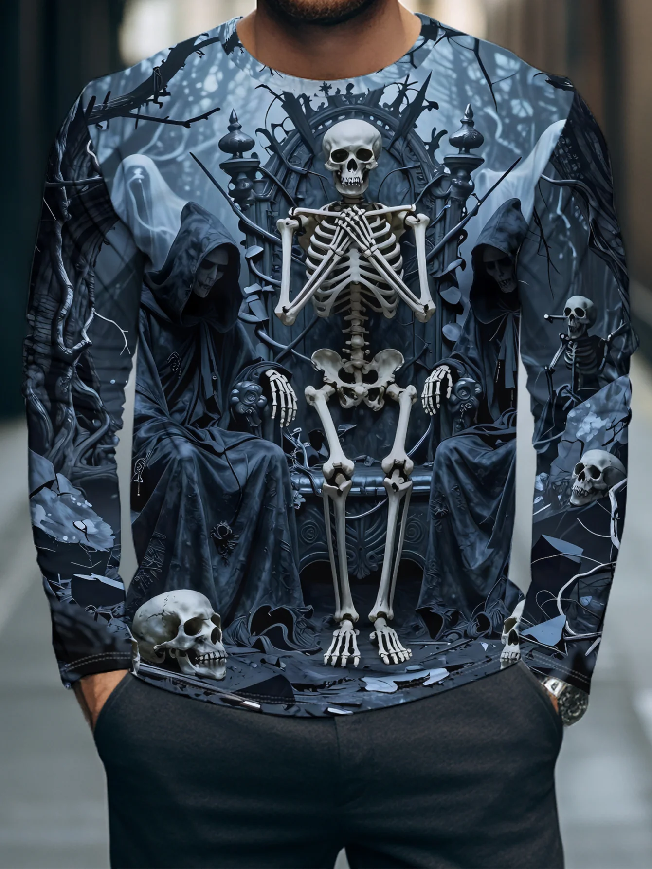 Men Long Sleeve T‑Shirt Skeleton Grim Reaper Ghost Dark Cemetery Print Crew Neck Gothic Halloween Tops