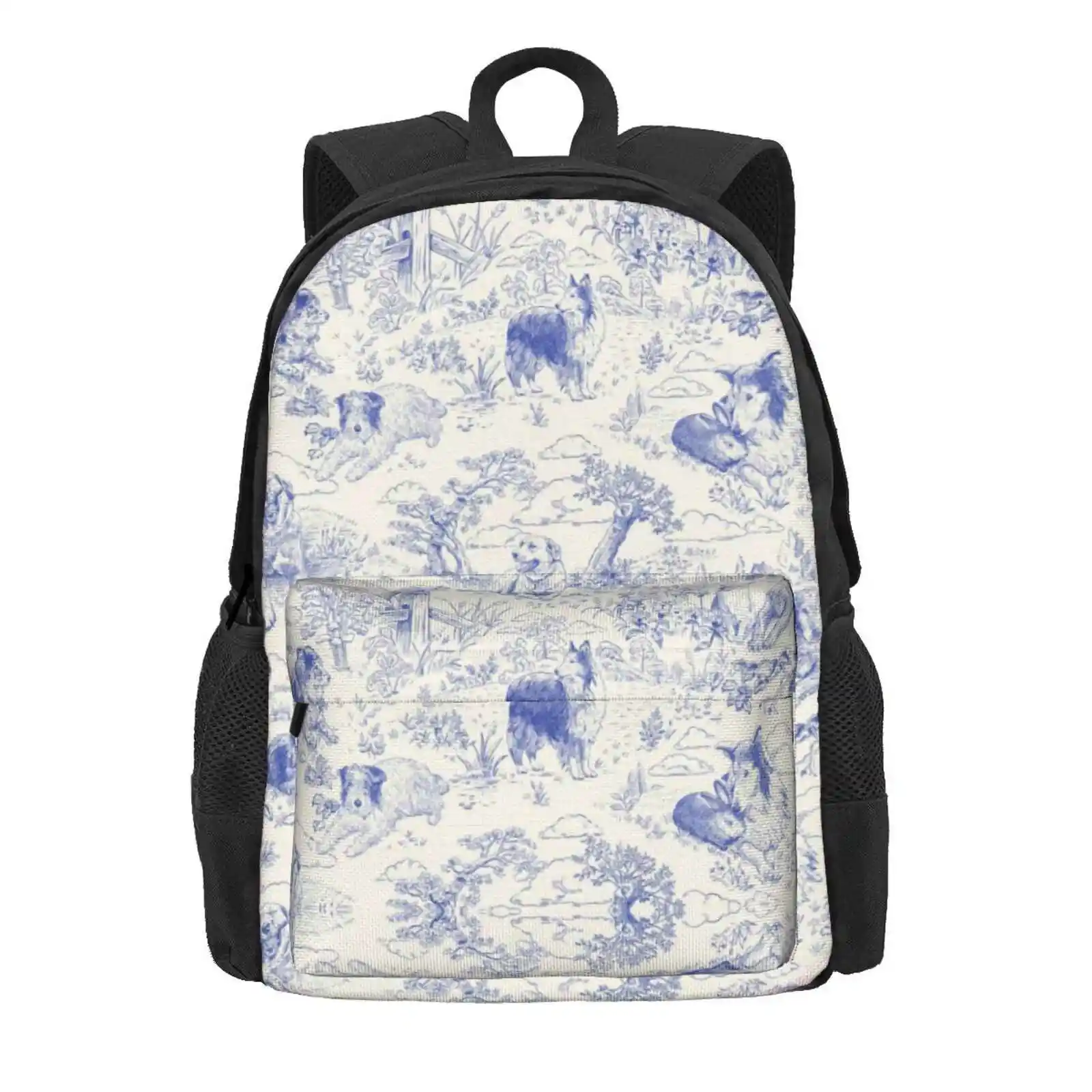 Country Dogs Toile With Collie, Aussie And Jack Russell Terrier In Blue And White Hot Sale Schoolbag Backpack Fashion Bags Dogs