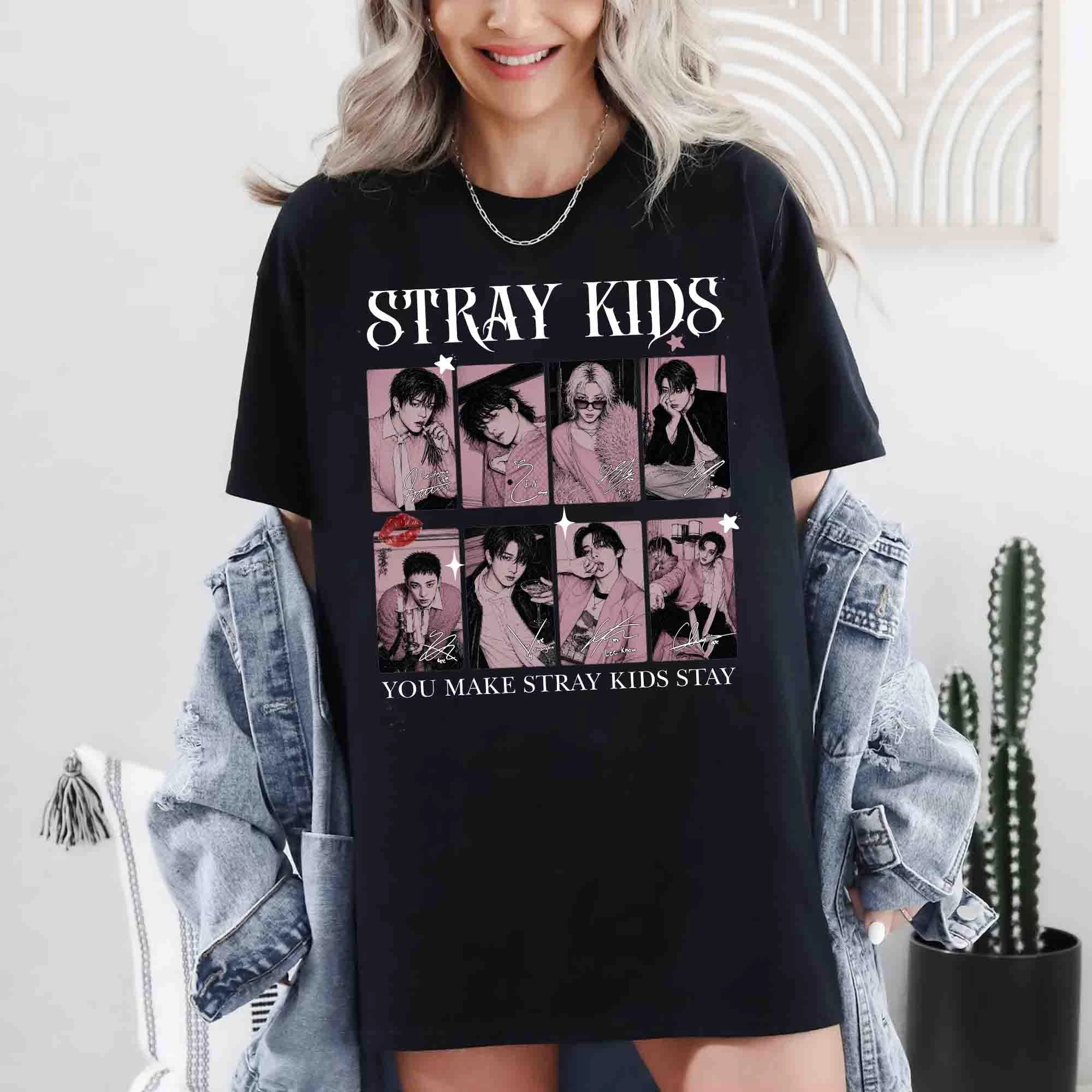 Retro Stray Kids Shirt Kpop Stray Kids Group Fans Support Cotton T-shirt 2026 Summer Tour Men's Women's Sports Shirts Y2k Style