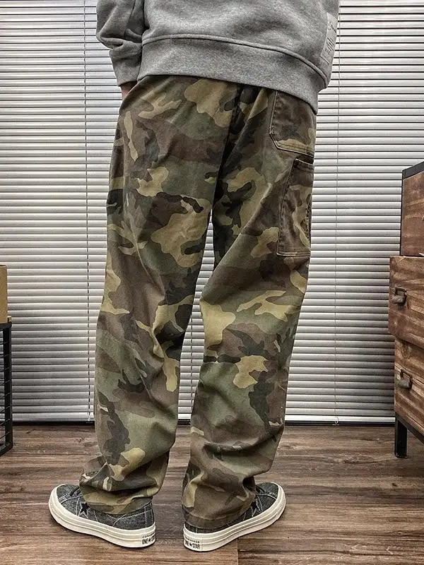 Tamanho grande primavera outono camuflagem retro de calças soltas em linha reta casual americano rua calças compridas para homem