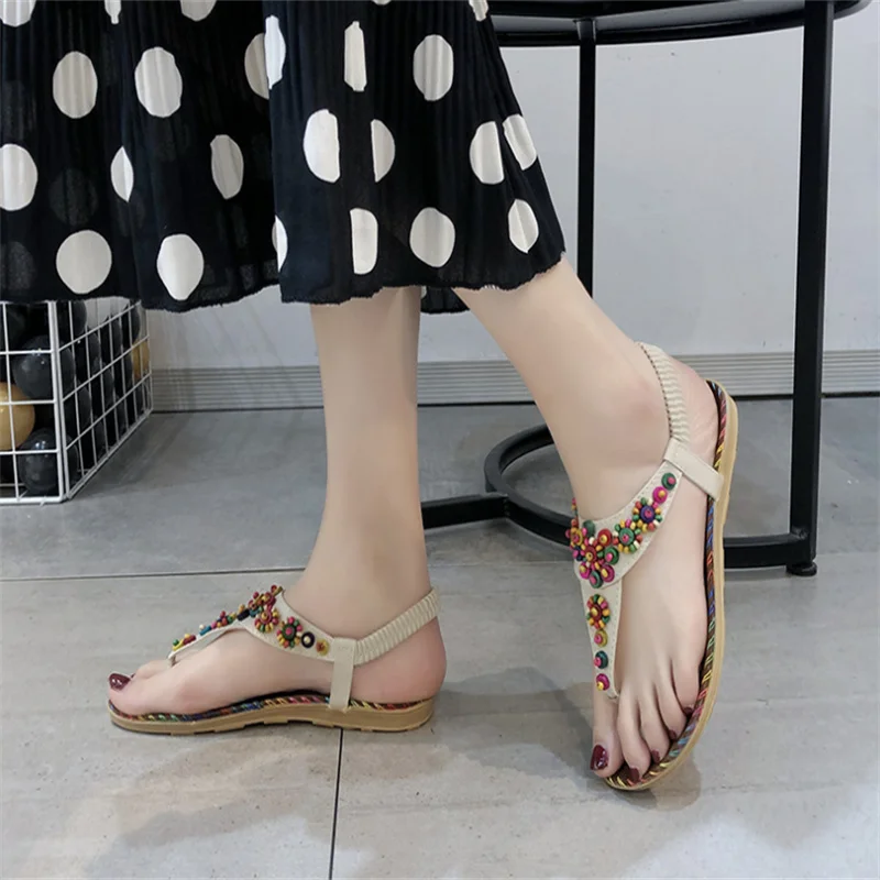 Sandal wanita Bohemian Style Bead Flip flop modis nyaman musim panas sandal warna-warni sandal Flat Bottom Sandalias