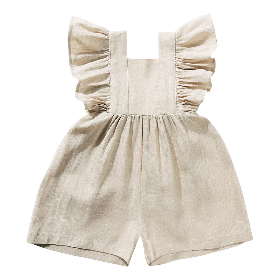 

Infant Girls Linen Romper Jumpsuit with Straps Short 2025 Summer Casual Backless Ruffles Outfit Comfortable Toddler Clothing