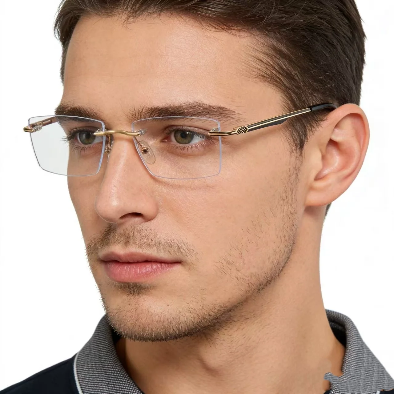 

Y.BBY-X Vintage Frameless Glasses Men Luxury Cutting Alloy Eyeglasses for Women Anti Blue Light Eyewear