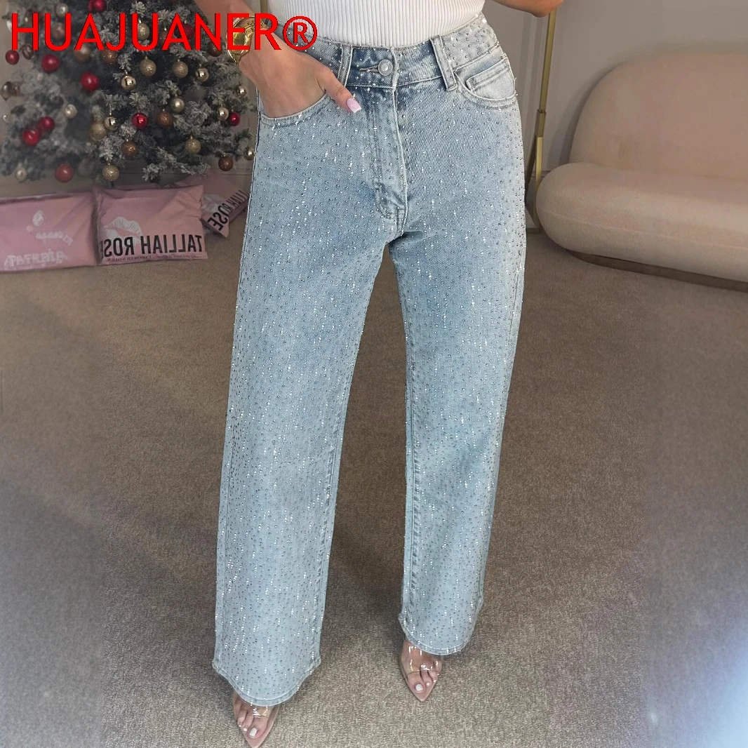 

Straight Jeans for Women Diamonds Pants Stretch High Waist Washed Distressed Pockets Vintage Denims Streetwear Female Trousers