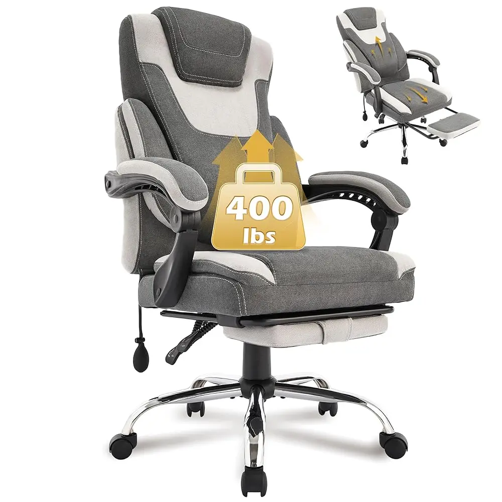 Big And Tall Fabric Office Chair 400Lbs With Foot Rest & Adjustable Lumbar Support, Ergonomic Executive Desk Chair, Reclining