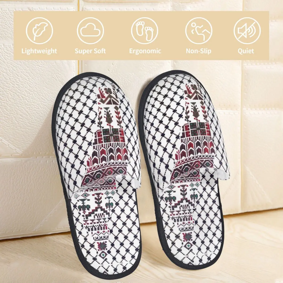 Palestine Palestinian Slippers Living Room Traditional Tatreez Embroidery Design Cozy Memory Foam Slides Anti Slip