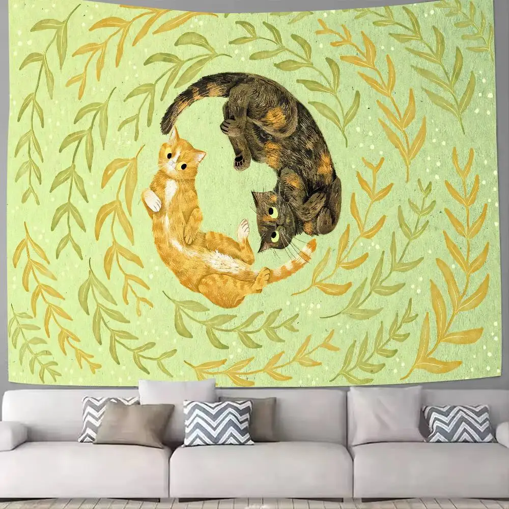 Kawaii Cat Tapestry Wall Hanging Cute Black White Cat Laurel Wreath Pattern Boho Aesthetic Bedroom Living Room Art