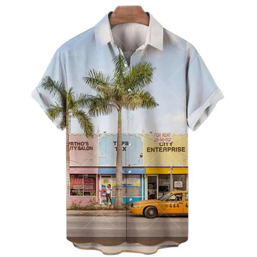 Summer Travel Car Fashion Beachwear Shirts For Men Hawaiian Casual Coconut Tree Print Short Sleeve Lapel Loose Imported Clothing