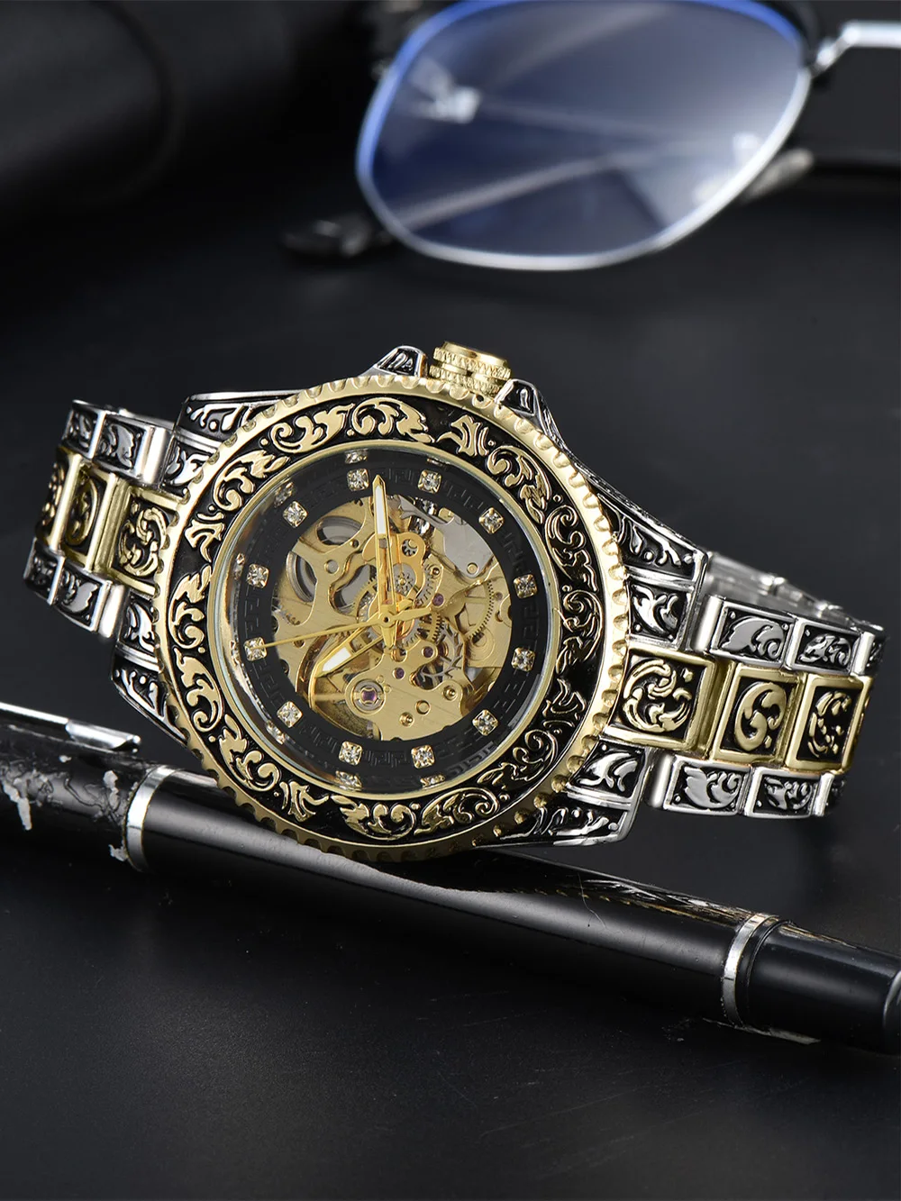LONGLUX Automatic Watch Retro Luxury Mechanical Watches Alloy Carve Wholesale Waterproof No Logo Mens Watch Men Gift
