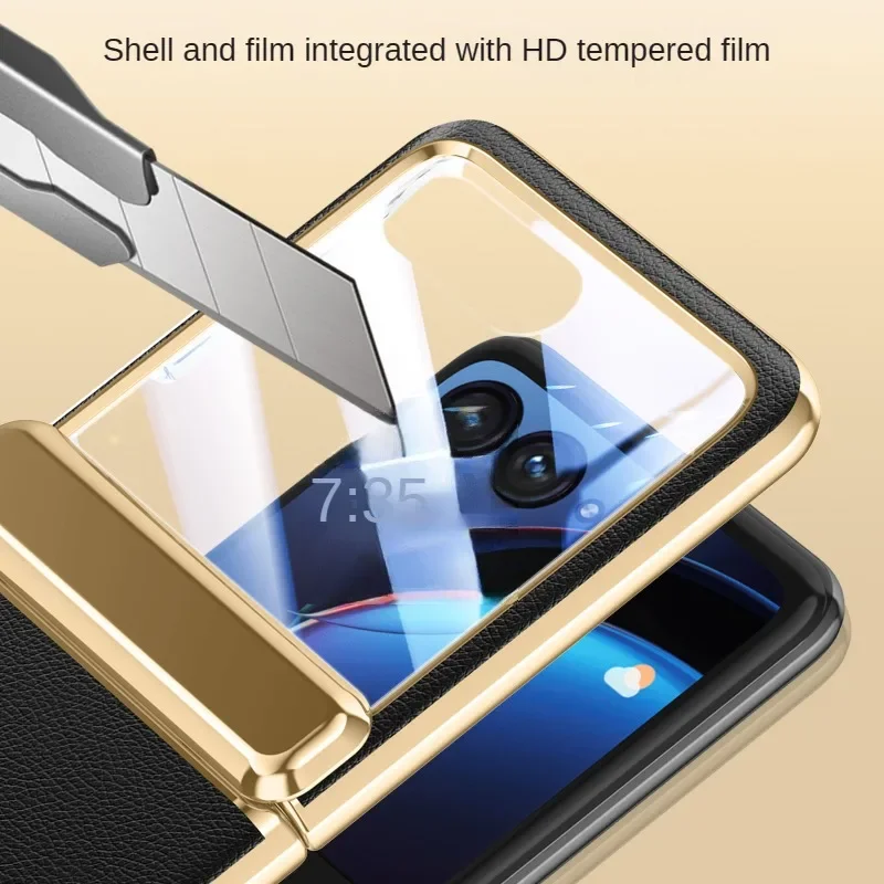 Luxury Plating Leather Phone Case For Motorola MOTO Razr 70 Plus 60 50 40 Ultra Pro 2026 Tempered Film Hinge Shockproof Cover