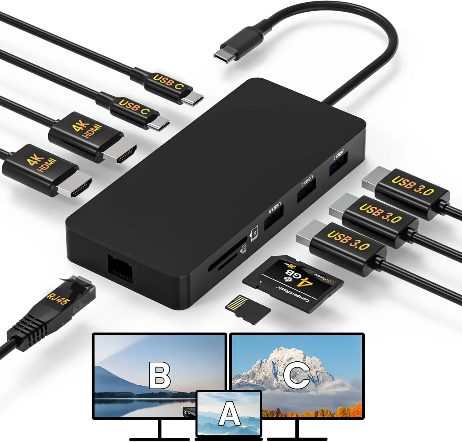 

USB C Docking Station for Mac: Dual 4K HDTV Monitor, LAN, USB Ports, SD/TF Card, 100W PD Charging