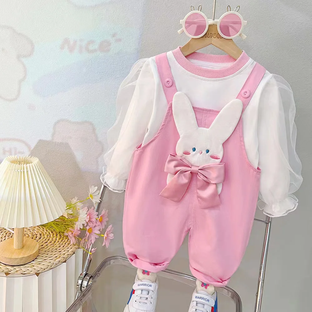 2024 New Fashion Kids Girl Clothing Sets Autumn Baby Girl Clothes Suits Cotton Children\'s Shirt+Straps Toddler pants Rabbit