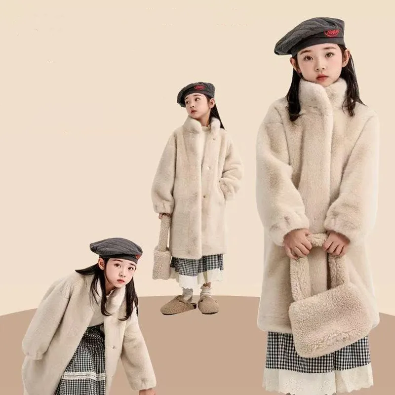 

Kids Girls' Long Imitation Fur Coat Plush Outerwear Thickened Warmth Fur-Lined Children's Coat Mink-Style Fleece 100-150cm