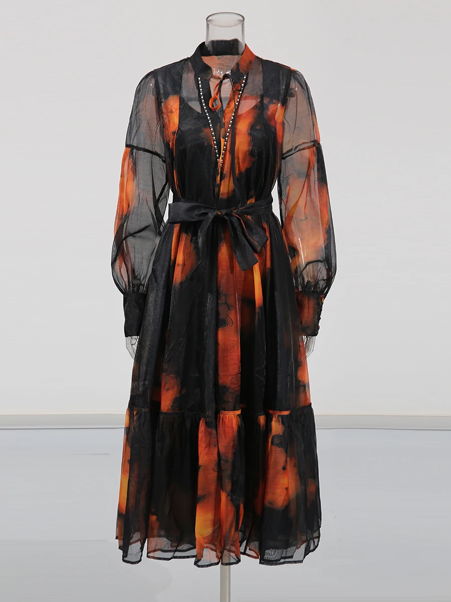 TWOTWINSTYLE Hit couleur ample épissé à lacets robes pour femmes col rond manches longues pure Patchwork plis robe femme nouveau