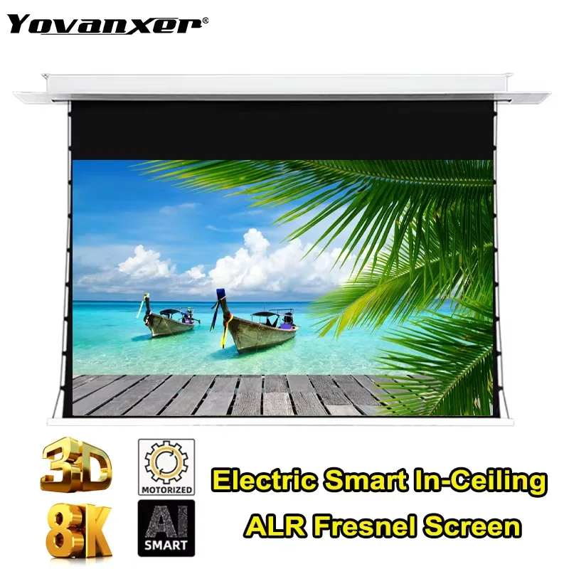 New Fresnel AI Smart In-Ceiling ALR Projector Screen Motorized Upgraded Ceiling Recessed Projection Screen for Home theater