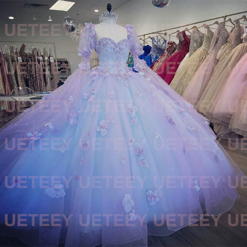 2023 Hoa Cà Quinceanera Đầm Appliques Ren 3D Hoa Nơ Áo Vestidos De Quinceañera Tay Dài Chiếu Trúc Hạt Pha Lê Bầu