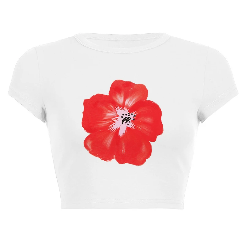 Zomer Esthetische Bloemenprint Eenvoudige T-Shirts Vrouwen Slanke Korte Mouw Katoen Casual Dames Harajuku Crop Tops Sexy T-Shirts Kleding