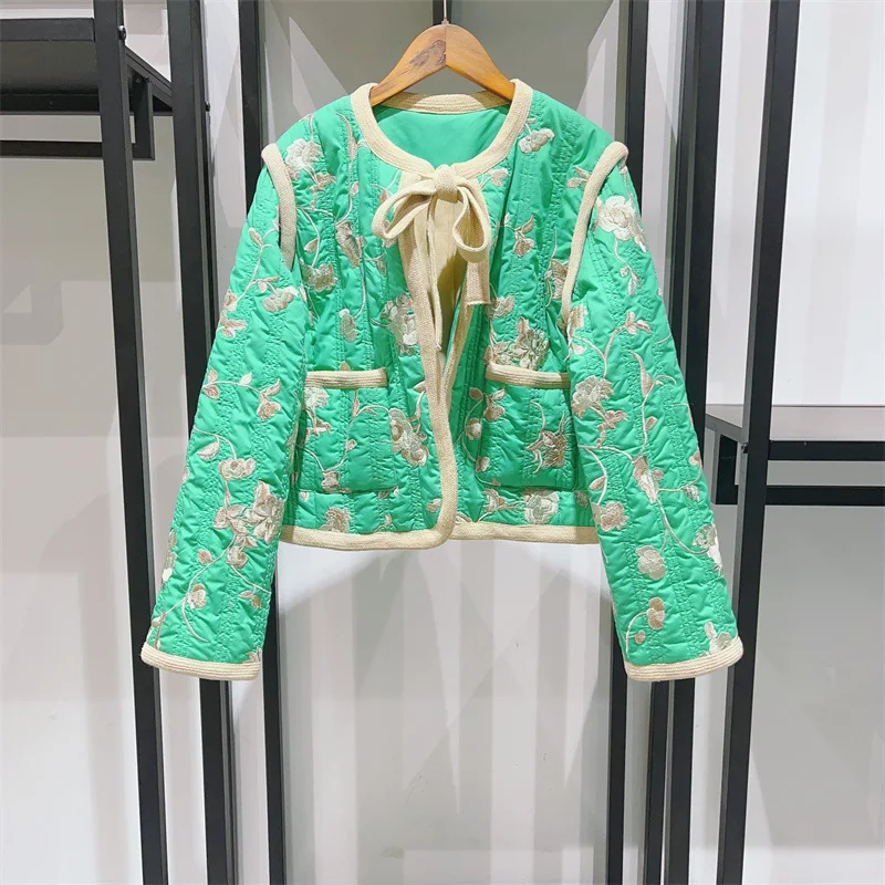 

Faionable ort Cotton Jaet round Ne Embroidered Floral Print Belted White Enhancing Autumn Winter Outerwear for Women