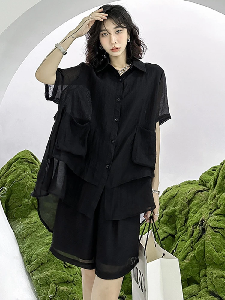 SHENGPALAE Two Piece Suit Black Shirt Thin Wide Leg Shorts New Lapel Short Sleeve Women Fashion Tide 2024 Spring Summer 1DH6074