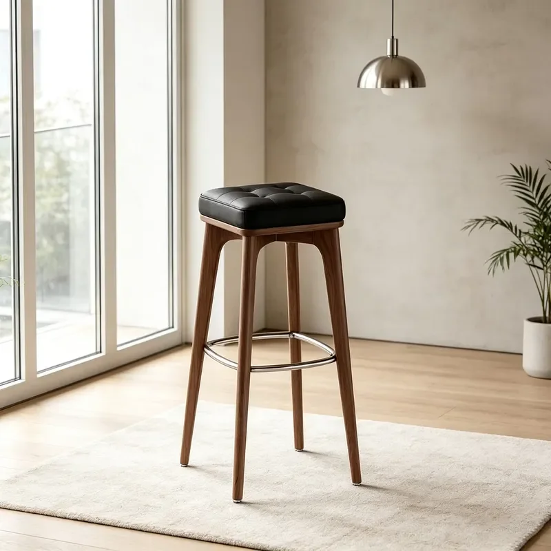 Modern Backless Tufted PU Leather Bar Stool Natural Solid Wood Frame High Dining Chair with Metal Footrest for Home Office