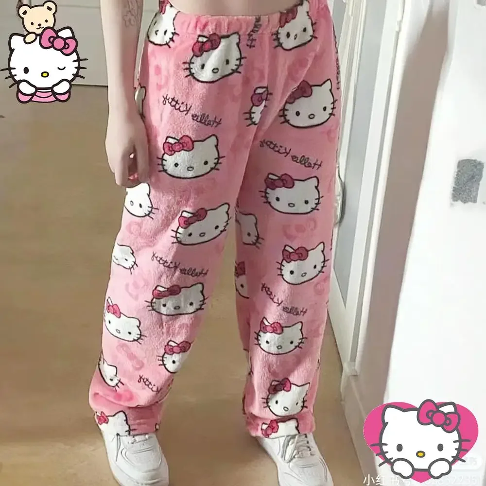 Y2K Hello Kitty Sanrioed ผู้หญิง Plush PAJAMA กางเกงอะนิเมะ Kawaii กางเกงผ้าฝ้ายฤดูหนาว WARM Thicken กางเกงน่ารัก Hip Hop