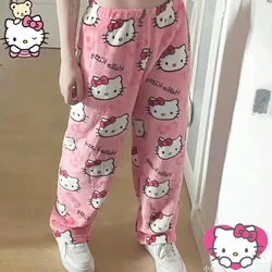 Y2K Hello Kitty Sanrioed Women Plush Pajama Pants Anime Kawaii Cotton Trousers Winter Keep Warm Thicken Home Pants Cute Hip Hop