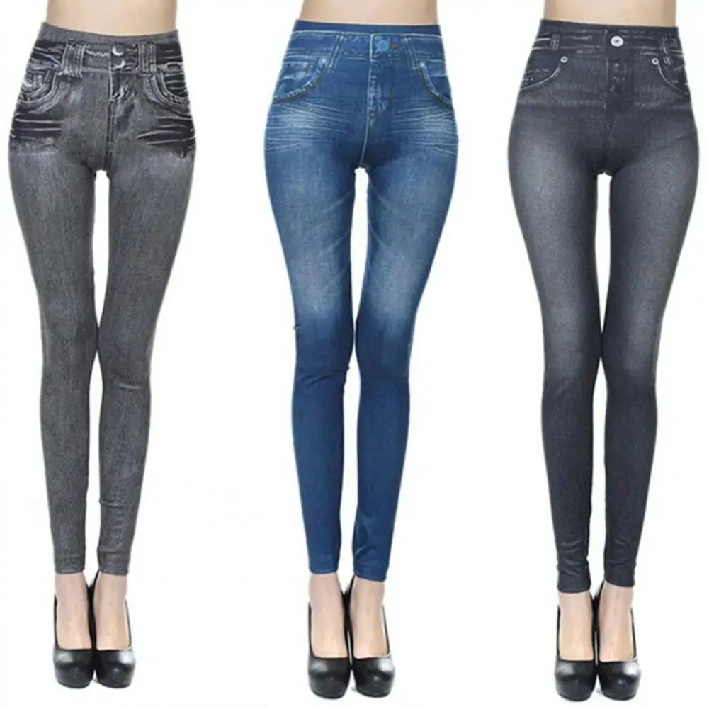 2024 Women's Spring and Summer Tight Imitation Jeans, Smart Slim Fashion, Large Tight Pants, False Pocket Women's Fitness Pants