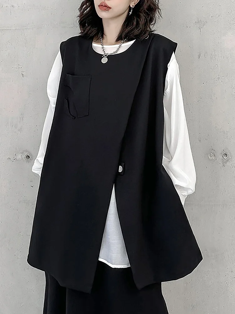 Black Loose Fit Women's Vest 2026 Autumn Fashion Original Design Pure Color Front Slit Sleeveless Top for Young Girls