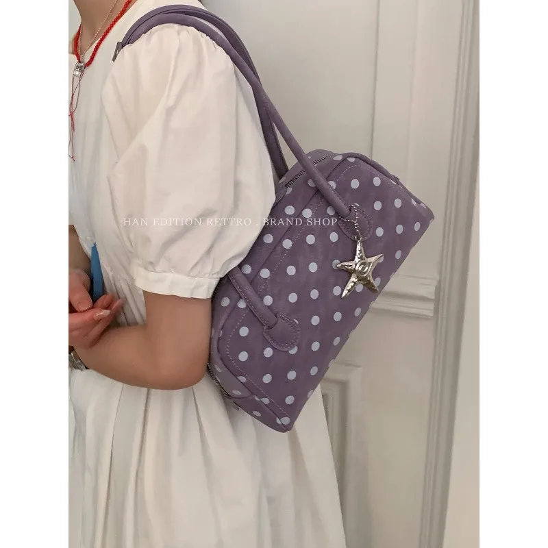 

2026 New Designer Textured Bowling Bag Women Polka Dot Simple Shoulder Handbag Daily Commuter Versatile Top Handle Purse Trendy