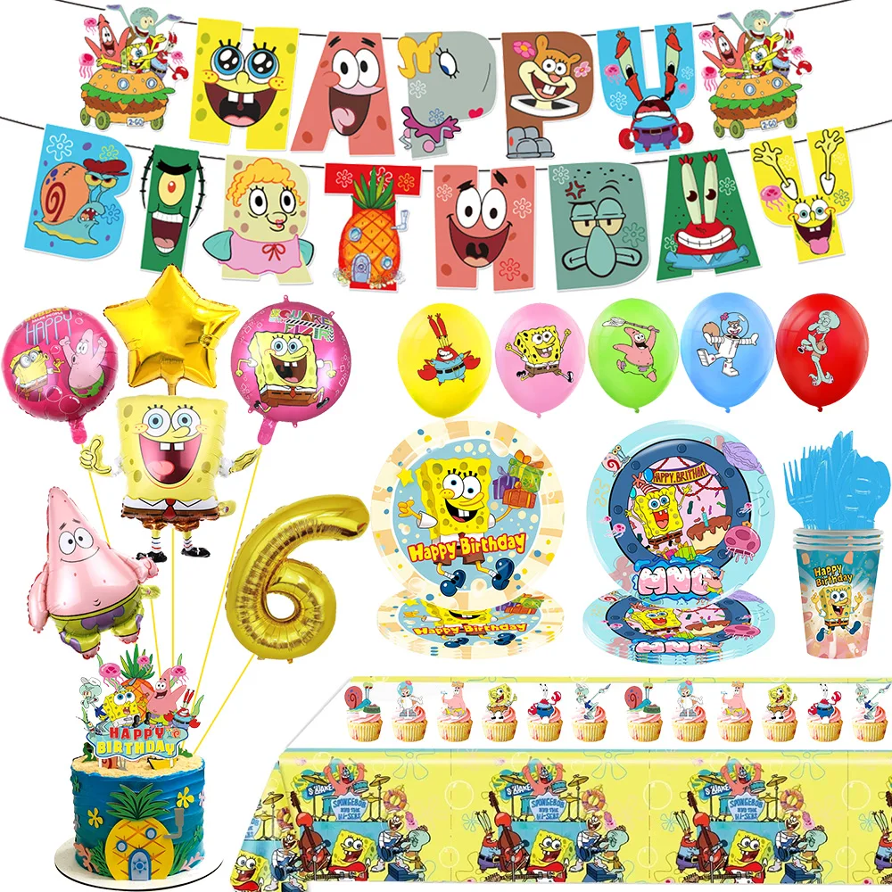 Image of SpongeBob Schwammkopf Geburtstag Party Luftballons Patrick Star Geburtstag Dekoration Tischdecke Taschentuch Kinder Geburtstagsgeschenke Babyparty