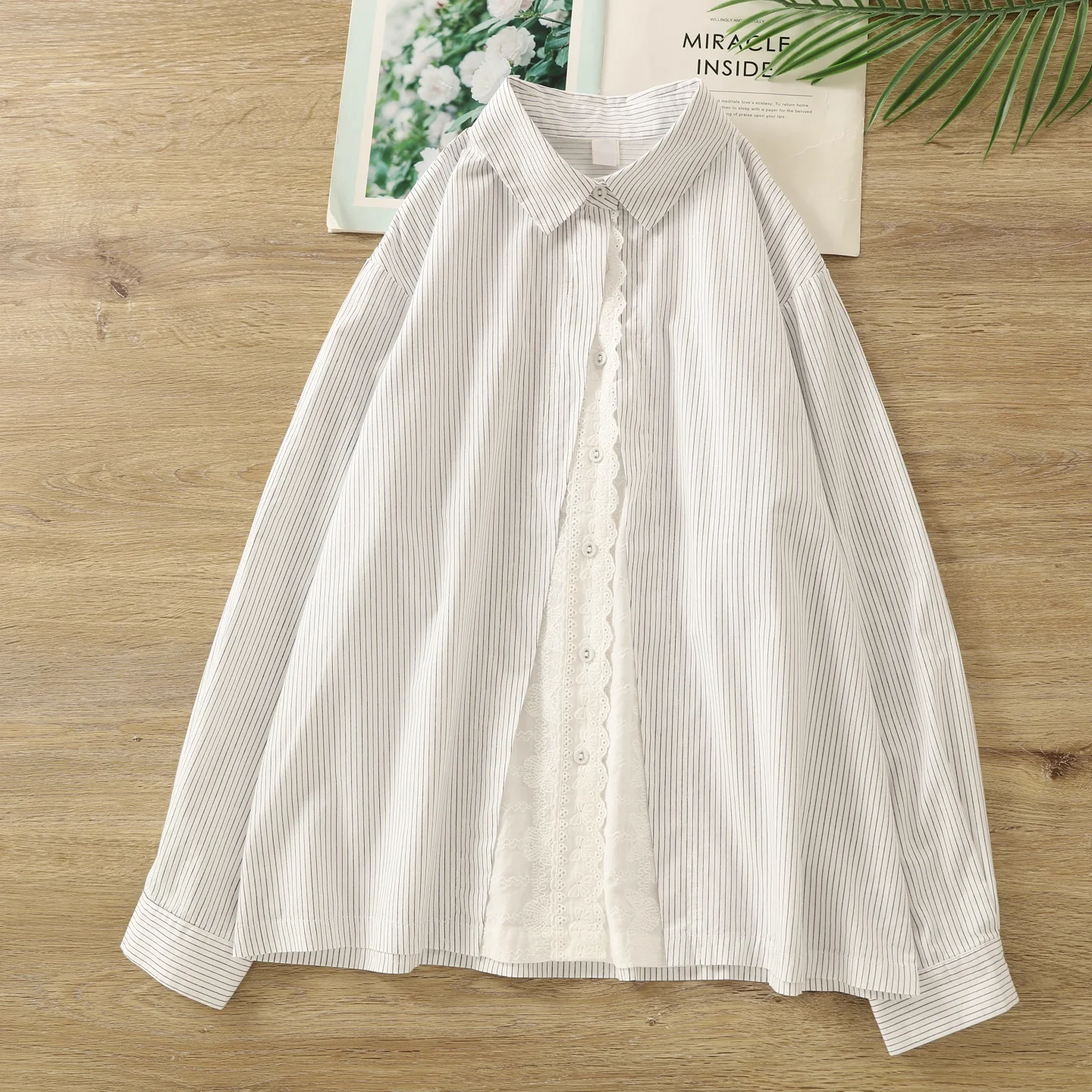 

Enianechu 100% Cotton women's striped shirts and blouses Japan style lace patchwork long sleeve tops ladies clothes