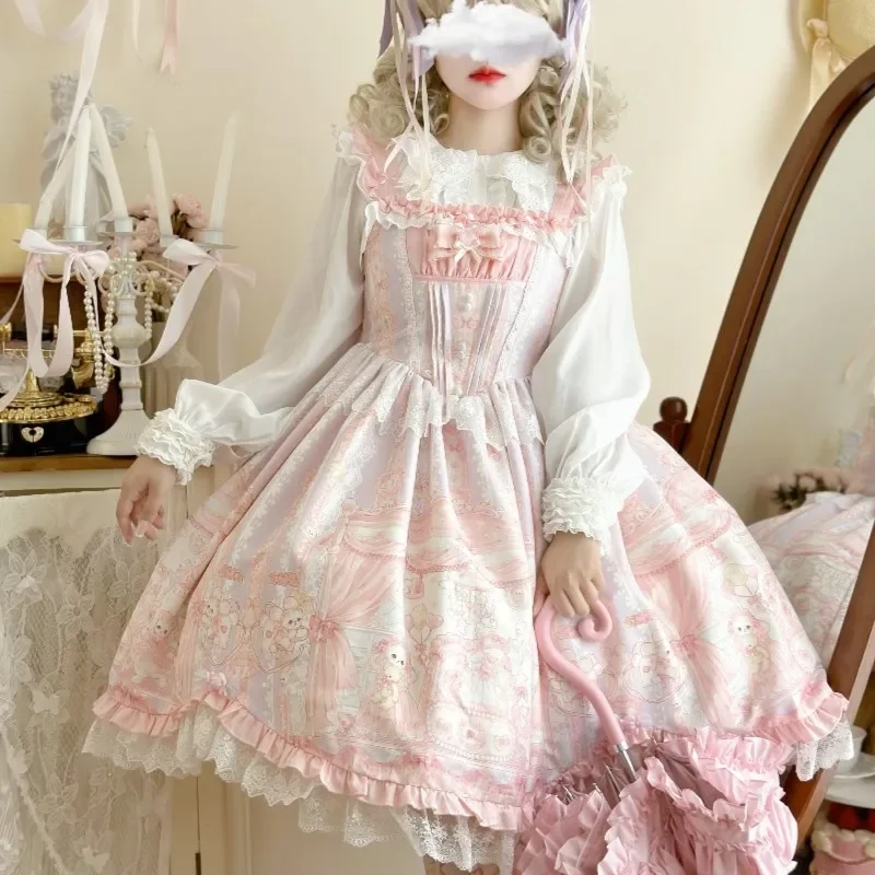 NONSAR Sweet Lolita Style Princess Dress Women Kawaii Cat Printed Bow Ruffles Pink Strap Dress Summer Harajuku Party Dresses