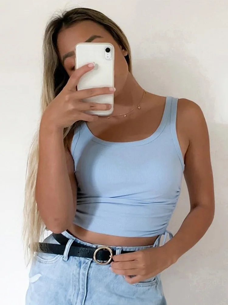 Geraffte ärmellose Tanktops T-Shirts Frauen solide lässige Mode Ernte Top Damen High Street binden Croptop Sommer Fitness