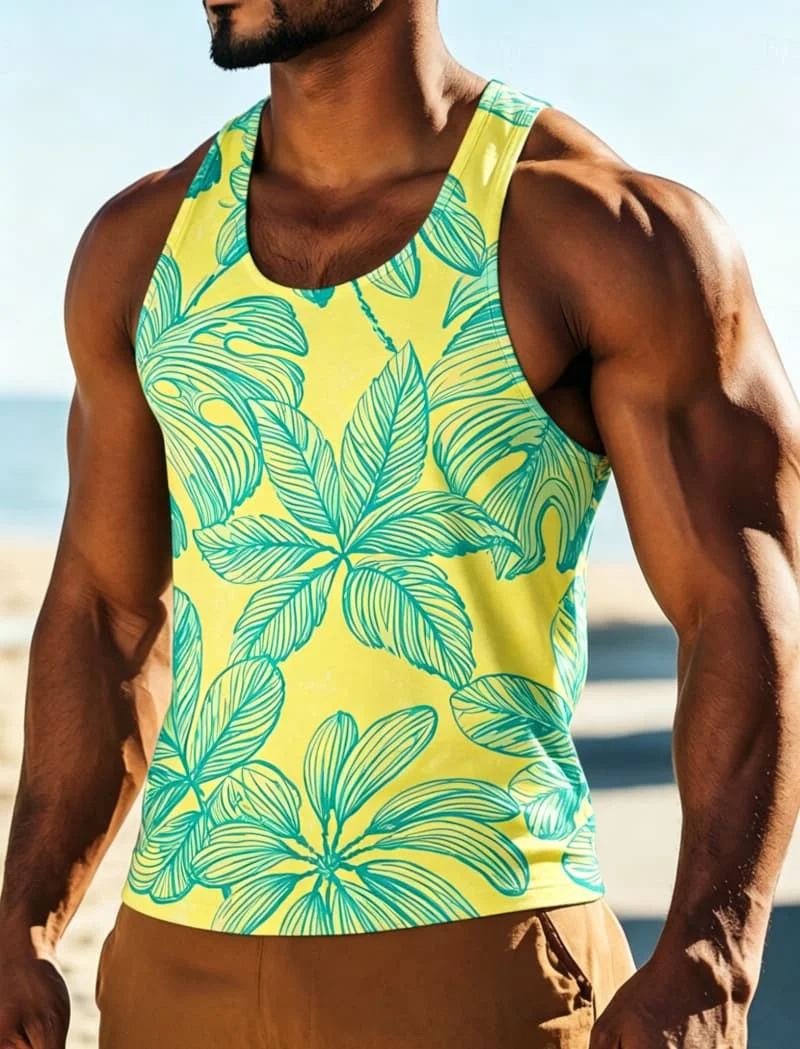 Men's Tropical Palm Leaf Print Sleeveless Tank Top,  for Summer Fitness, Beach Trips, Daily Outings & Casual Wear