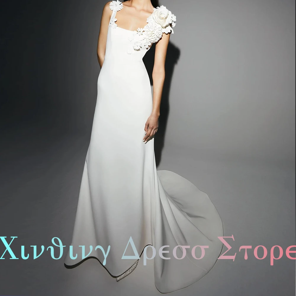 Exquisite 3D Flower A-Line Square Neck Jersey Wedding Dresses Graceful Floor Length Sleeveless Solid Color Sweep Train Open Back