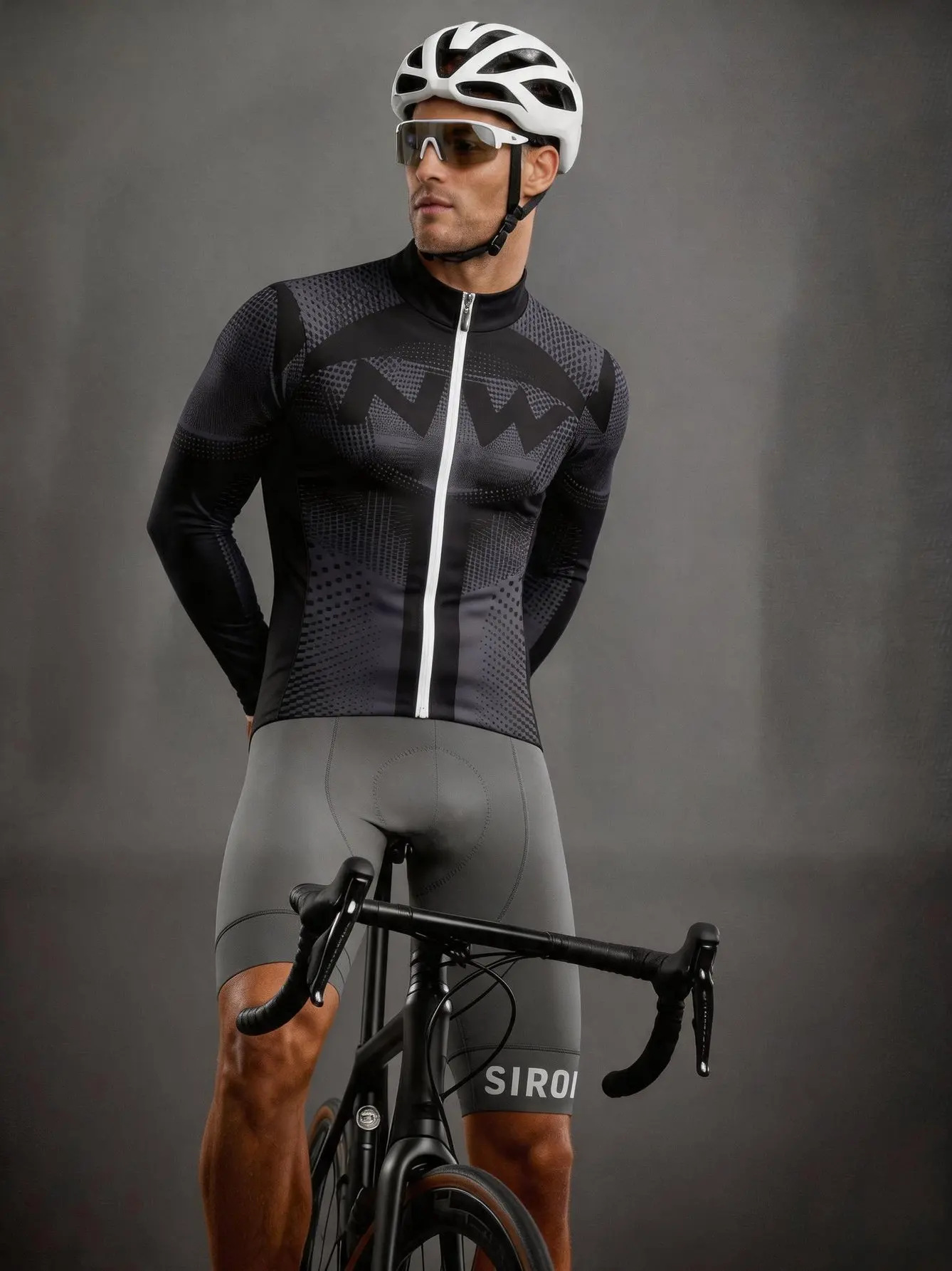 Unisex Cycling Long Sleeve Jersey Spring Autumn Black Grey Camo NW Logo Print Slim Fit Quick Dry Zipper Stand Collar Pro Racing