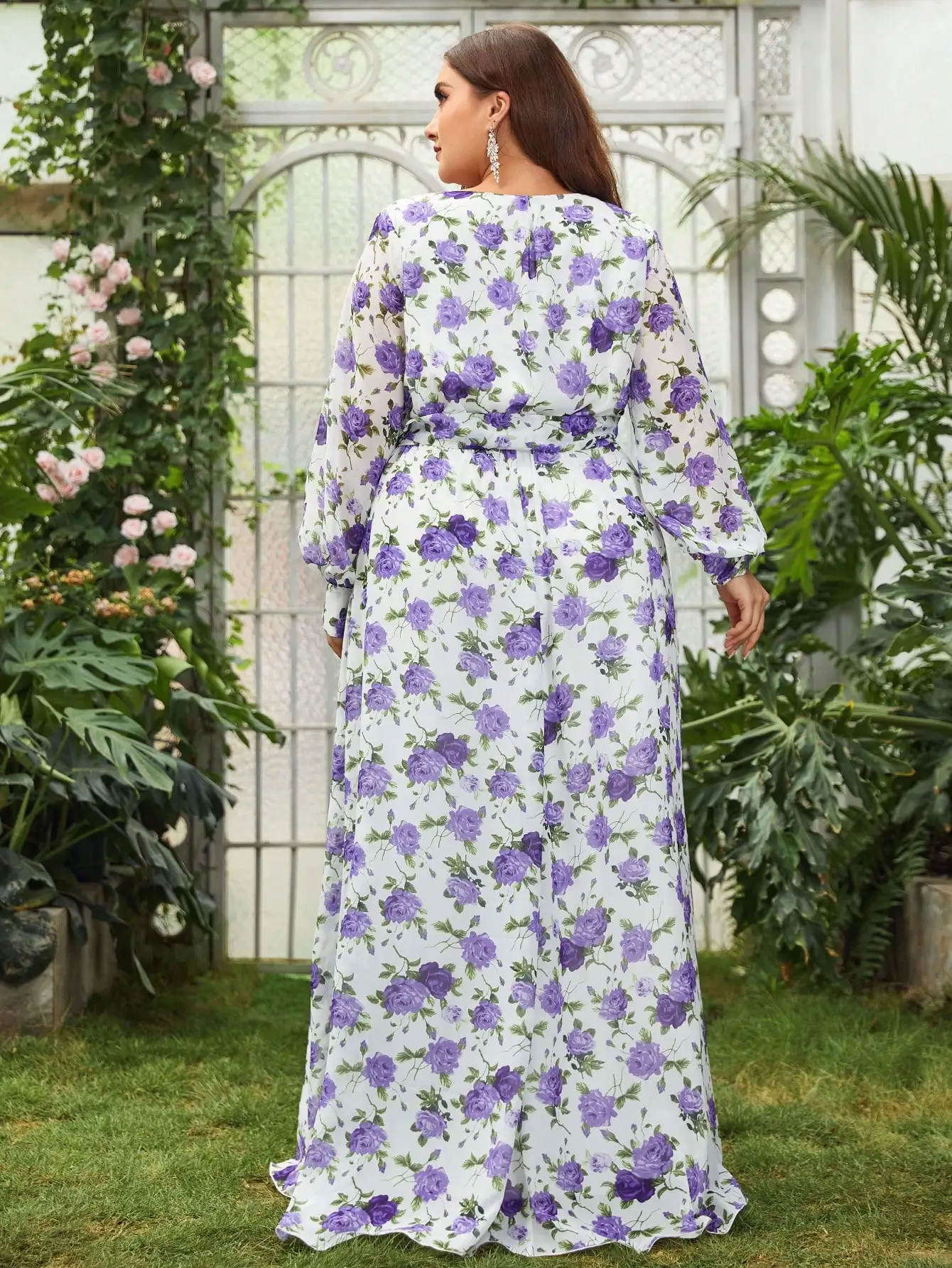 Vestido de gasa con estampado Floral, manga acampanada y cuello redondo, talla grande