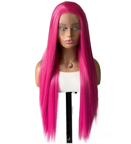 Rose Pink Straight Synthetic Lace Wig Glueless Wigs For Women Natural Hairline Daily Wear Long Pink Wig Cosplay Part Front Hair