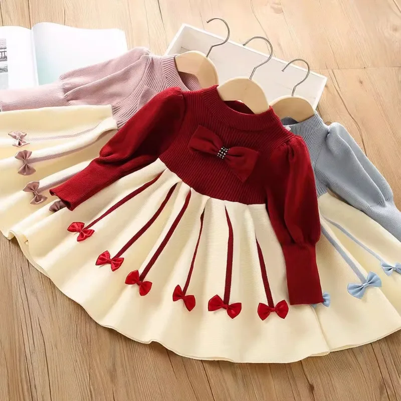 

New Girls One Piece Dress Pullover Bow Sweet Fashion Soft All-match Autumn Winter Outdoor Sweater Knit