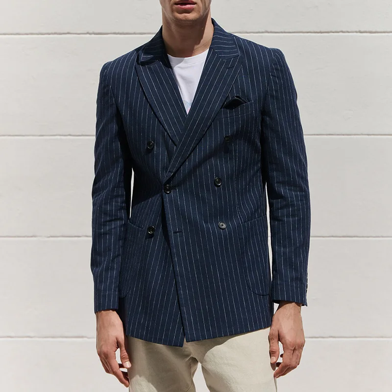 

﻿ Blazer Casual Suit Stripe Double Breasted Jacket Dinner Prom Elegant Smoking Slim Retro Fit Suit Coat Blazer for Men
