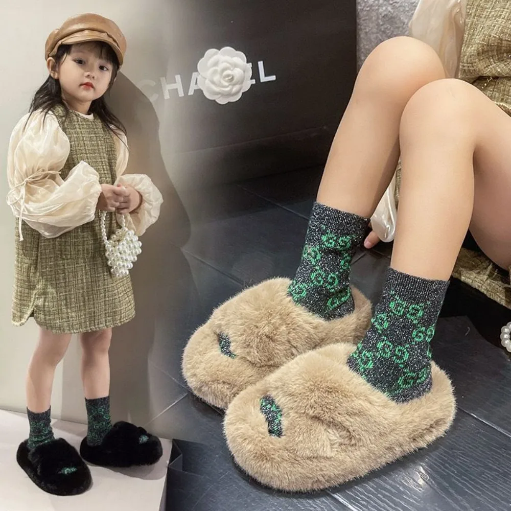 New Fluffy Fur Children's Slippers For Boy Cross Faux Rabbit Fur Kids Slippers Plush Warm Home Slippers Fuzzy Girl Child Shoes
